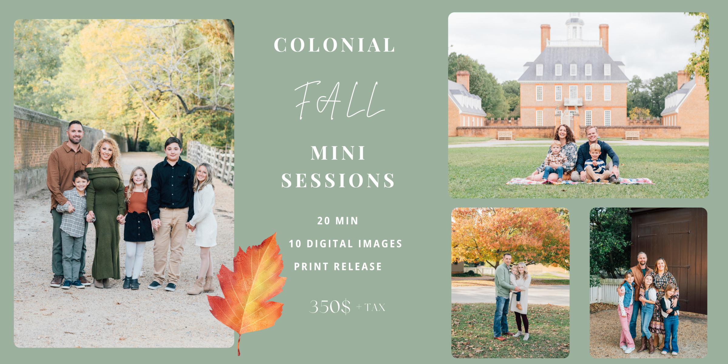 Promotional collage for Colonial Fall Mini Sessions showing families outdoors and a central promo card.