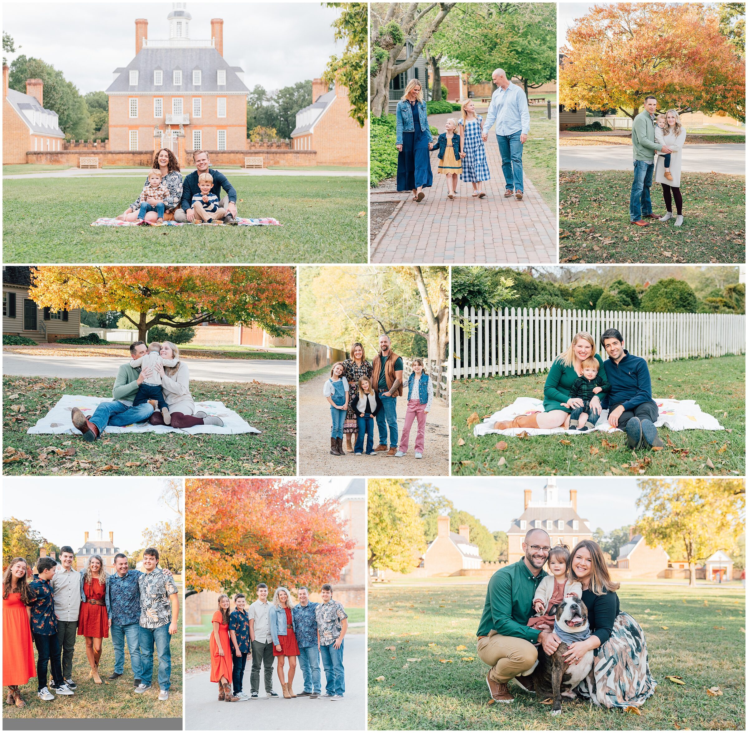 Collage of families posing outdoors in autumnal settings: lawns, colorful trees, and park-like backgrounds with brick buildings and a dog in one shot.